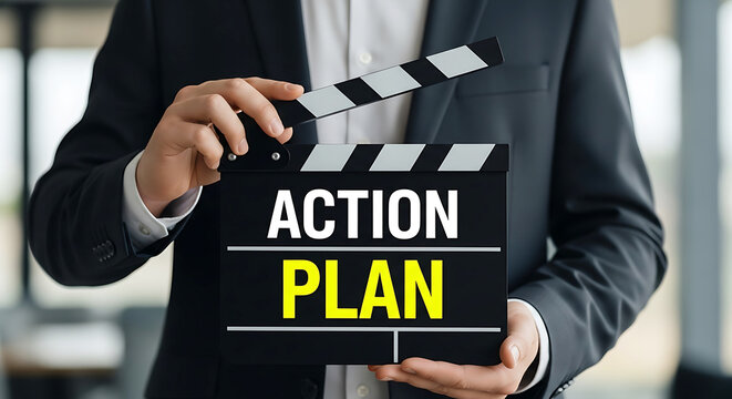Person in suit holding black clapperboard with text action plan