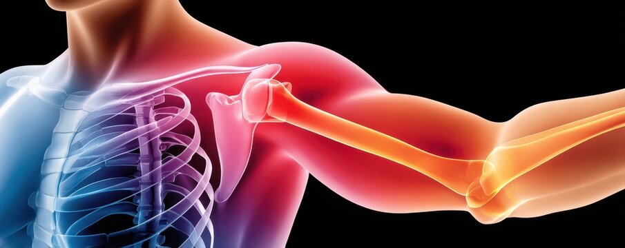 X-ray view of human arm and shoulder anatomy showing bones, joint and muscle stress