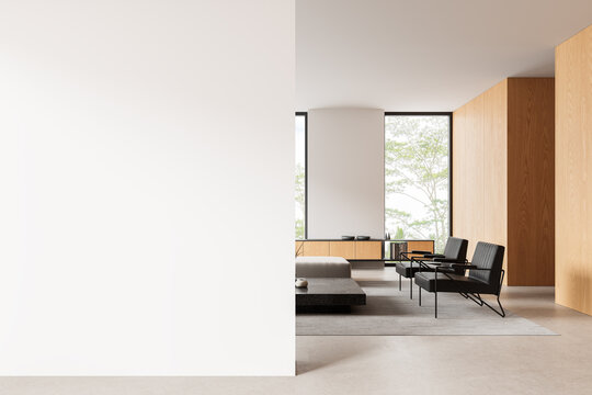 Modern interior living room with large empty wall for poster mockup in contemporary architecture style, featuring clean lines, warm wood, and open space. 3D Rendering