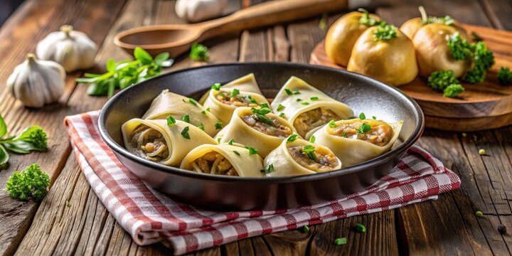 Swabian Maultaschen with Onions in a Pan, german cuisine, hearty,  german cuisine, hearty, flavorful, cooking