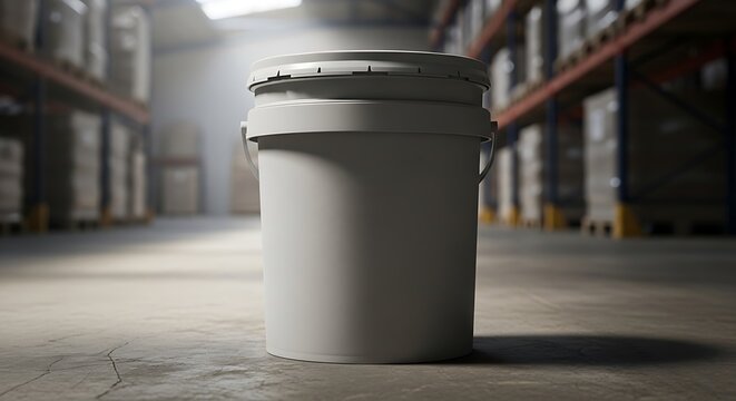 Large white plastic bucket standing on the concrete floor inside a big industrial warehouse facility. 5 gallon pail