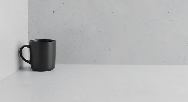 A minimalist black mug rests in the corner of a clean, modern surface against a textured gray wall.