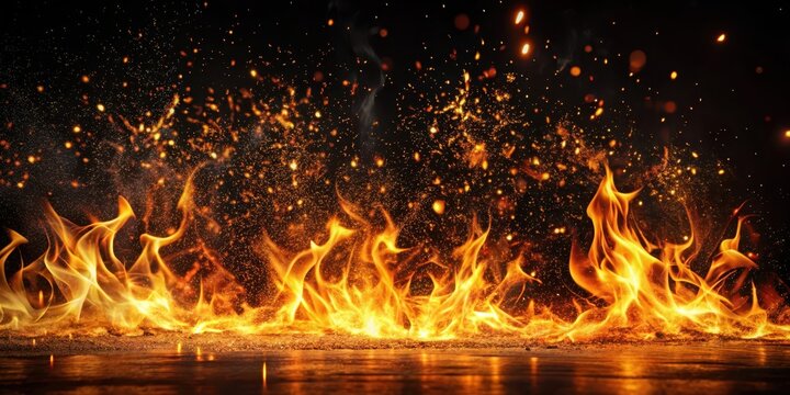 Dancing flames with sparks on black background, flame dance, warm light,  flame dance, warm light, blazing, spark