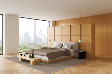 Obraz premium Modern minimalist bedroom interior with wood panel walls, large windows overlooking city skyline, neutral decor and serene atmosphere. 3D Rendering