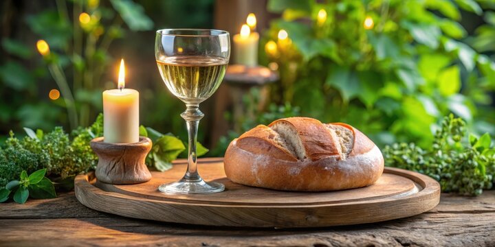 A delicate arrangement of a crystal chalice containing wine and a round loaf of bread on a elegant wooden platter, surrounded by lush greenery and candles , , crystal chalice