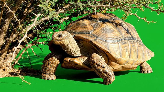 Close-Up View of a Tortoise Moving Near a Bush with a Vibrant Green Background