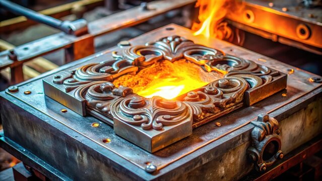 Melted metal on a casting mold with intricate details and texture, metal casting, metalworking techniques