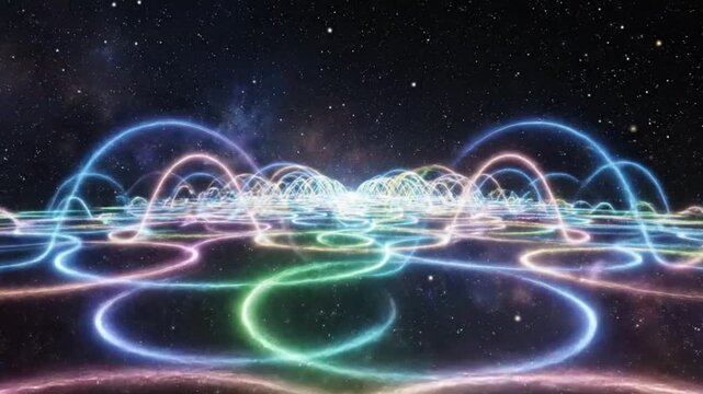Sci-Fi Digital Abstract Landscape of Glowing Neon Orbs and Energy Circuits in Outer Space