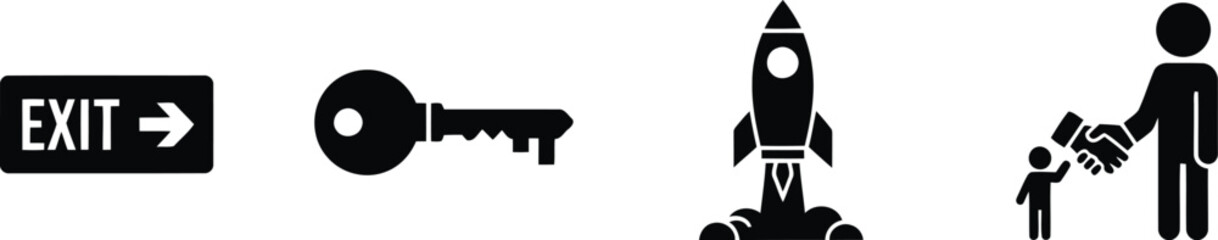 Fototapeta premium Black icons of exit sign, key, rocket and handshake