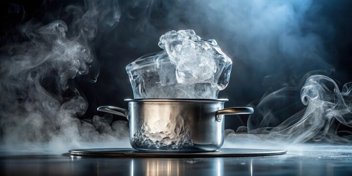 A large ice cube floating on the surface of a pot of boiling water, with steam rising from the sides and evaporating slowly into the air, evaporation, water surface