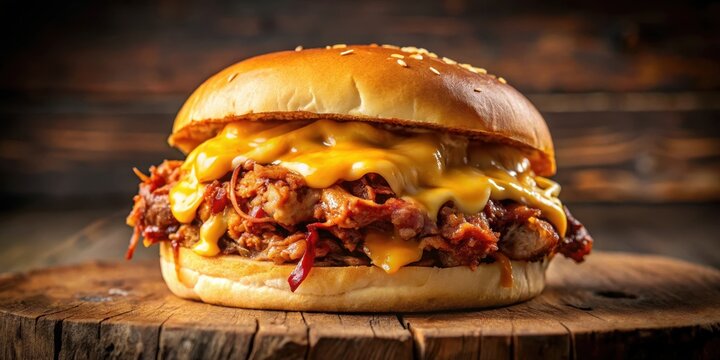 Juicy pulled pork burger with a thick layer of melted cheese and crispy bacon on top, cheese, juicy pork,  cheese