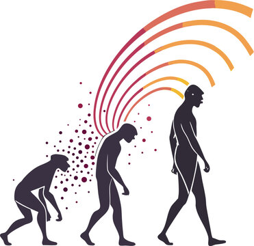 Human evolution, growth, and development vector illustration, transformation and progress concept, silhouette icons with colorful gradient curves