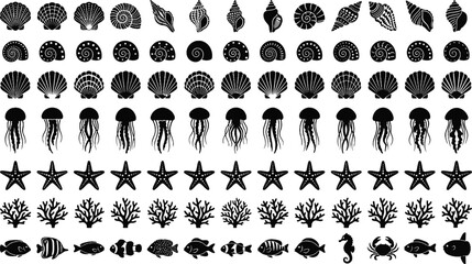Marine life silhouette set with shells, jellyfish, starfish, corals, fish and crab, ocean wildlife icons collection, black vector illustration © Jahangir