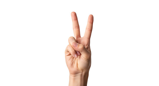 Hand with index and middle fingers raised in a peace sign gesture against a white background