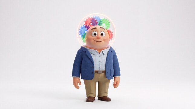 Cute 3D Worker with Colorful Gears in Mind