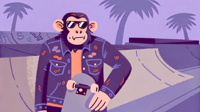 Skateboarding monkey at a sunny skate park during afternoon hours