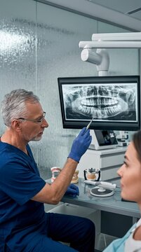 Dentist showing panoramic x-ray to patient in clinic