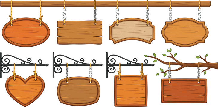 Collection of various blank wooden signboards hanging from ropes chains and decorative metal brackets isolated on white background for menus and directional signage design