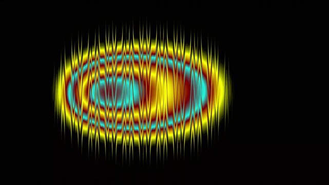 Vibrant oval waveform animation with colorful rings on black background