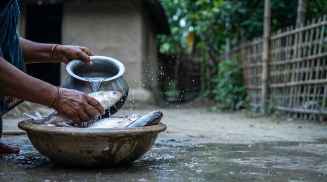 Indian Woman Washing Fresh Hilsa Fish (Tenualosa ilisha) in Rural Village; Traditional Bengali Ilish Preparation in Clay Bowl with Silver Pitcher.