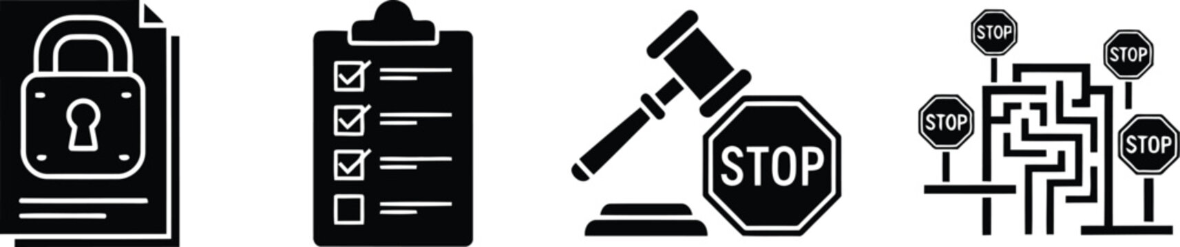 Black icons of security and stop signs