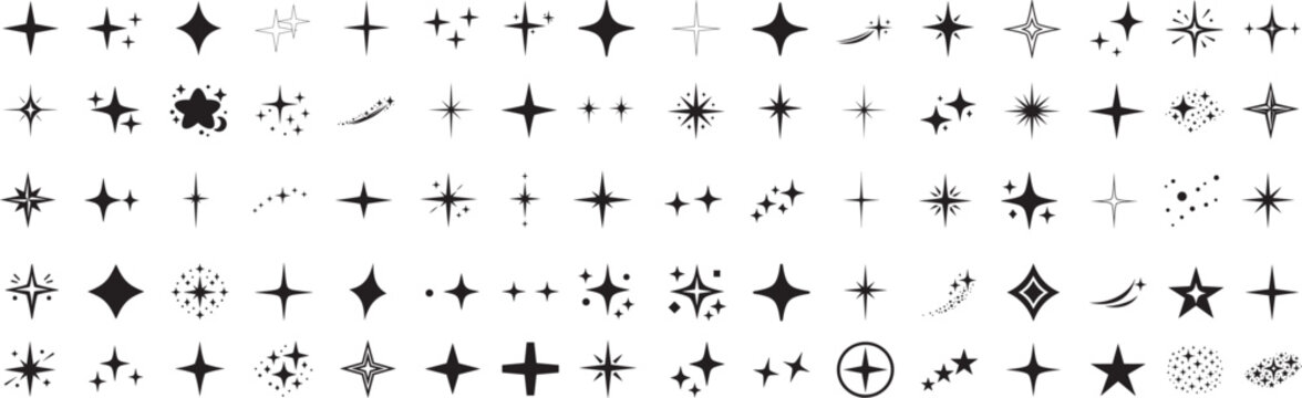 Stars and sparkle icons with shining shapes plus minimal bin set for clean design, trash and recycle use.