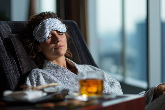 Traveler recovering from jet lag in airport hotel lounge chair with herbal tea and eye mask nearby