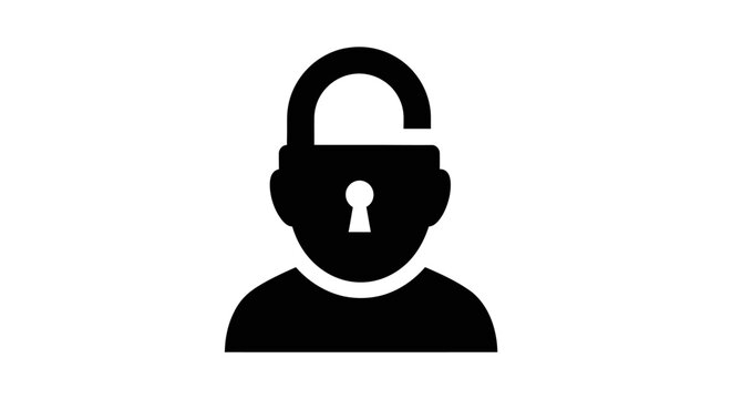 Conceptual silhouette of a head with an open lock symbol in black and white