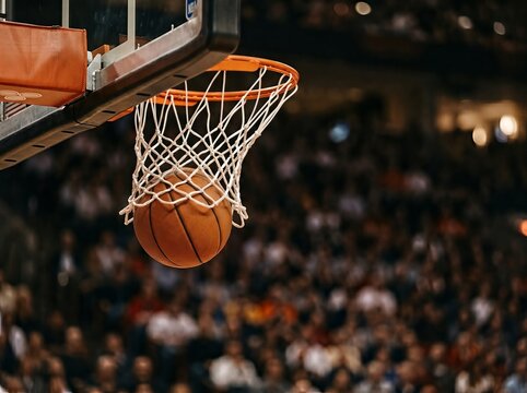 Close-up of a basketball mid-air going through the hoop during a match. Exciting sports moment.