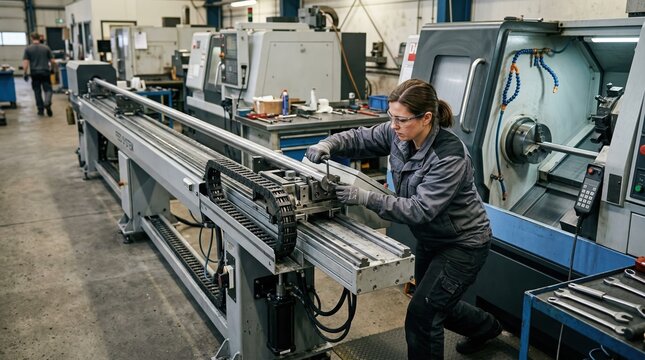 Midrange view of a worker installing a longbar feeder system on a CNC lathe adjusting the feed mechanism to handle extended material lengths for efficient manufacturing.