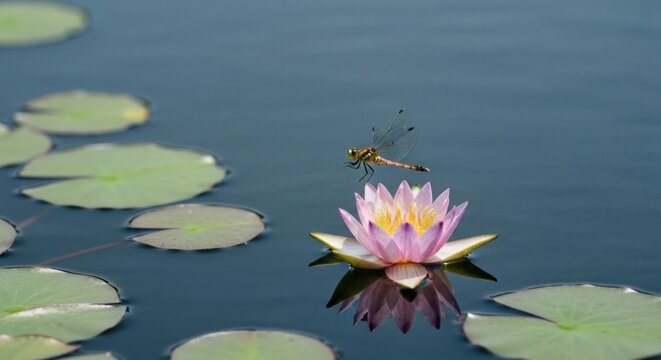 Dragonfly hovers above a pink and yellow water lily, with lily pads in the dark water