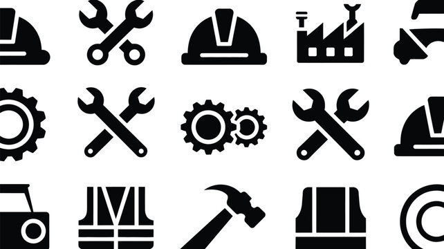 Vector icons of construction tools and industrial safety equipment on white background for engineering and manufacturing concepts
