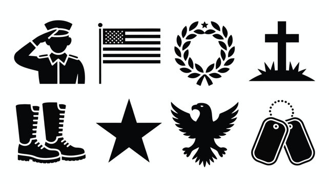 Memorial day icons set including soldier saluting american flag laurel wreath cross boots star eagle and dog tags on white background