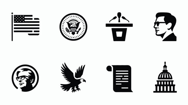 American government symbols and icons in flat design including flag seal president eagle constitution and capitol building
