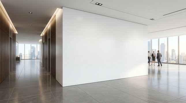 Modern corporate hallway featuring a large blank wall for mockup or signage display.