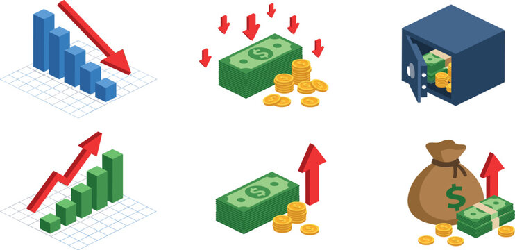Isometric Financial Success and Loss Icon Set Featuring Stock Market Growth Decline Money Savings and Wealth Management Symbols