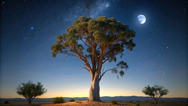 Ancient eucalyptus tree stands tall under a full moon night sky in the Australian outback