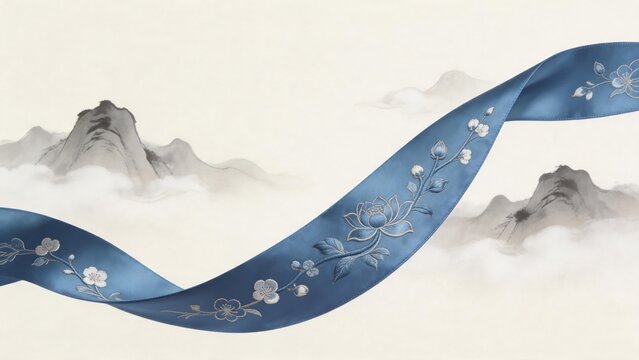 Blue ribbon with floral embroidery on mountain backdrop
