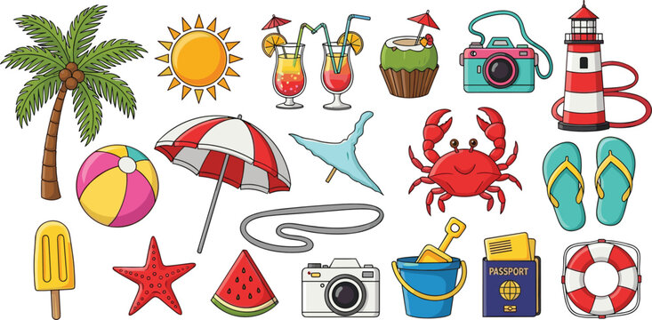 Large collection of colorful summer beach vacation icons featuring palm tree sun tropical cocktails camera lighthouse crab flip flops and travel accessories for holiday designs