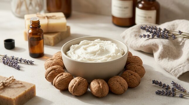 Natural shea butter in a bowl surrounded by walnuts and bath items.