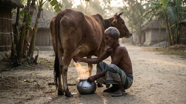 Indian farmer milking a Zebu cow (Bos indicus) in a rural village at sunrise; traditional dairy farming and livestock husbandry in South Asia, organic milk production in a rustic countryside setting.