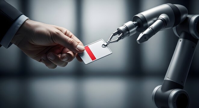 Human to Robot Handover &ndash; Name Badge Transfer Symbolizing AI Workforce Replacement