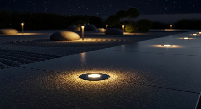 Modern embedded low voltage LED pathway lights illuminating a dark stone garden path at night