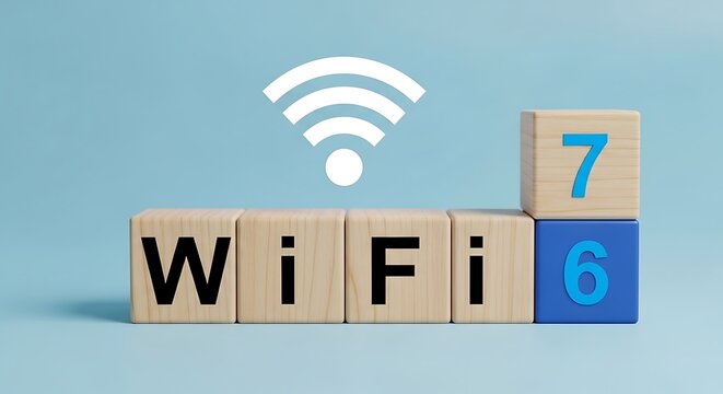 Wooden blocks spelling wifi with wifi symbol and numbers 6 and 7 letters