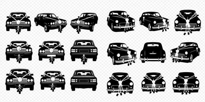 Set of black wedding cars with ribbons and cans, front, back, and side views, isolated on transparent background.