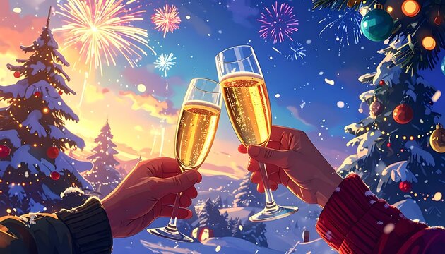 A winter scene with two raised champagne glasses