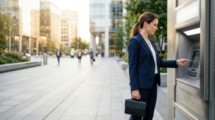 Fototapeta premium Corporate Lawyer Using Generic Atm Sleek Downtown Plaza