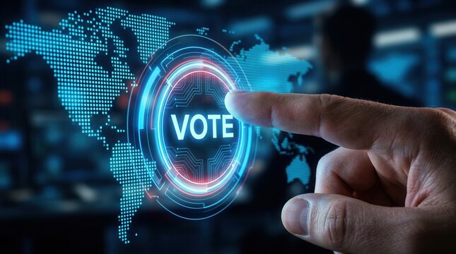 Electronic internet voting concept showing a hand clicking a virtual vote button on a smart background.