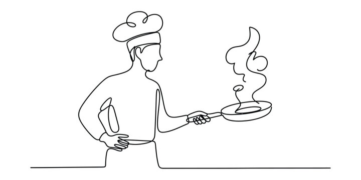 Continuous line drawing of a chef cooking food in a frying pan