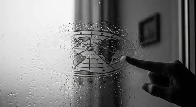 Hand drawing flat earth map on a foggy window pane